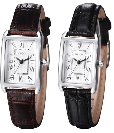JewelryWe Orologio da donna in pelle rettangolare vintage analogico al quarzo orologio da polso donna cinturino in pelle PU nero/marrone orologio piccolo con numeri romani quadrante e cassa