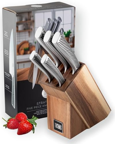 Taylors Eye Witness 5 Piece Knife Block Set – Razor Sharp Full Metal Kitchen Knives with Stylish Acacia Wood Storage. Stainless Steel Precision, Durable, Includes Paring, Chef, Bread & Carving Knives