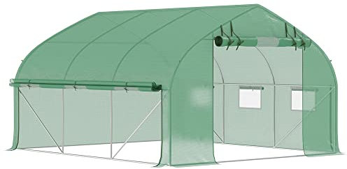Outsunny Serre de Jardin Tunnel, 10,4 m², Serre de Jardin, Anti-UV, Porte zippée Enroulable, fenêtres en Maille, Tube d'acier galvanisé et PE 140g/㎡, 350 x 300 x 200 cm, Vert