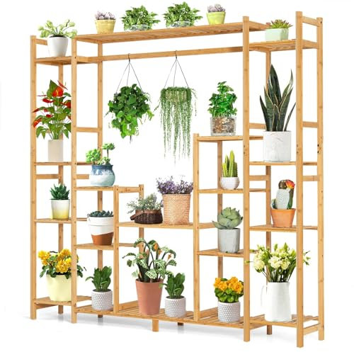 RELAX4LIFE Étagère à Fleurs à 9 Niveaux en Bambou 167x30x153cm, Porte-Plantes avec Support de Suspension, Support de Pots Extérieur Intérieur en Quinconce Anti-basculement pour Jardin Salon Balcon