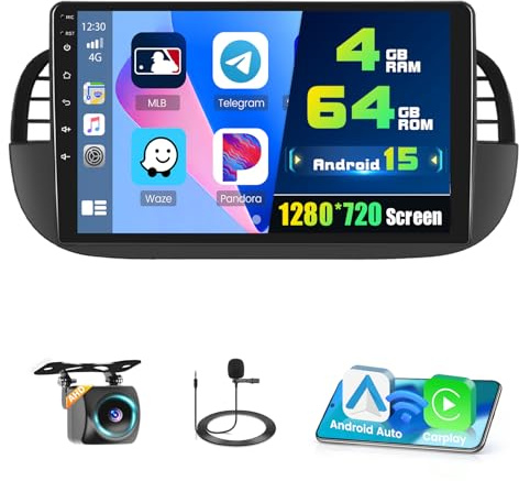 4+64G Android 15 Car Stereo for Fiat 500 2007-2015,9 inch IPS 1280 * 720 Touch Screen Radio Wireless Apple Carplay Android Auto DSP 5G WiFi Bluetooth GPS FM RDS+Free AHD Backup Camera