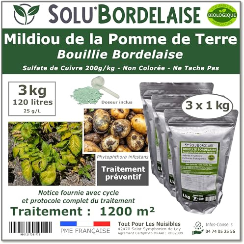 Solu'Bordelaise - 3 kg de Bouillie Bordelaise - Mildiou de la pomme de terre - Utilisable Agriculture Biologique - 3 Sachets Refermable de 1 kg