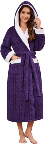Niwicee Dammorgonrockar fluffiga damrockar med huva fleece badrock vinter lång rock varm nattkläder handduk bad nattkläder för spa hotell hem, Lila, XL