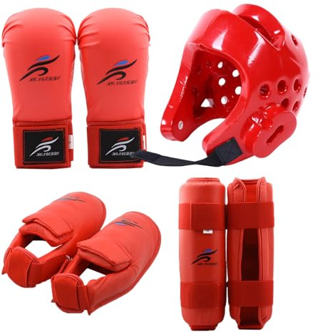 Lawnrden Set di Attrezzatura da Sparring Rosso, Casco di Sicurezza del Copricapo Guanti Karate e Scarpe da Karate Attrezzatura per da Boxe per Un Allenamento Protettivo per Adulti per Bambini per