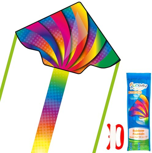 Funtivity® Kinderdrachen Simple Flyer Rainbow Fountain – flugfertiger Einleiner mit Regenbogen-Schweif – inkl. Griff & Schnur – Drachen ab 5 Jahren – Leichter Flugdrachen für Garten, Park & Strand