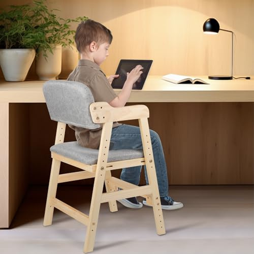 Höhenverstellbar Kinder Hochstuhl, Holz Stuh, Esszimmerstühle mit Rückenlehne, für Haus Esszimmer und Wohnzimmer,Grau
