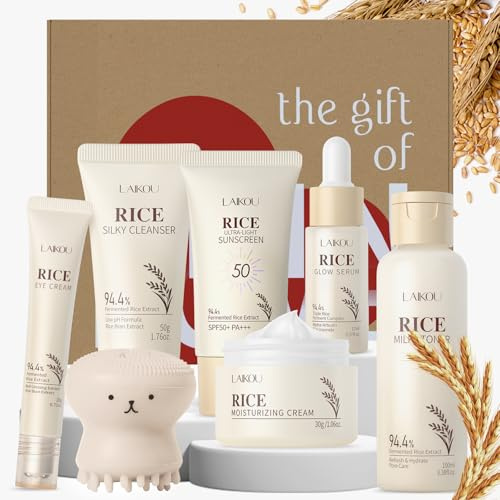 LAIKOU Korean Rice Skincare Set, 7Pcs Face Care Kit for Soft & Radiant Skin | Fermented Rice, Cleanser, Toner, Serum, Eye Cream, Face Cream, Christmas Birthday Gifts for Women Teenage Girls Travel Sized