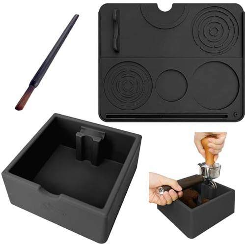 MOMAHUA Espresso Coffee Knock Box, Silicone Coffee Tamping Station 3-Piece Set Knock Box Tamper Mat and Cleaning Brush Non-Slip Espresso Accessories Heat Resistant Barista Kit for Home Cafe Black