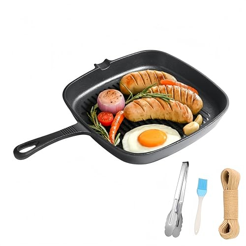 24cm Cast Iron Griddle Pan Square Grill Pan for Indoor Outdoor Cooking, All Hobs & Oven Safe Steak Skillet with Pour Spout, Natural Nonstick with Seasoning, Small Tong,Oil Brush, Hemp Rope Accessories