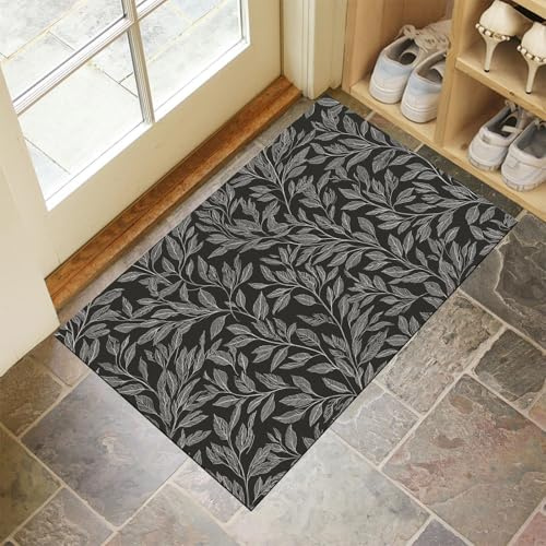 CEDNXOER Antiscivolo Zerbino Ingresso Interno 50 x 80 cm, Tappeto Grigio Scuro Camera Cucina Tappetino Foglie Salice,Tappeti Lavabili In Lavatrice Elegante Pianta Pelo Corto Rug
