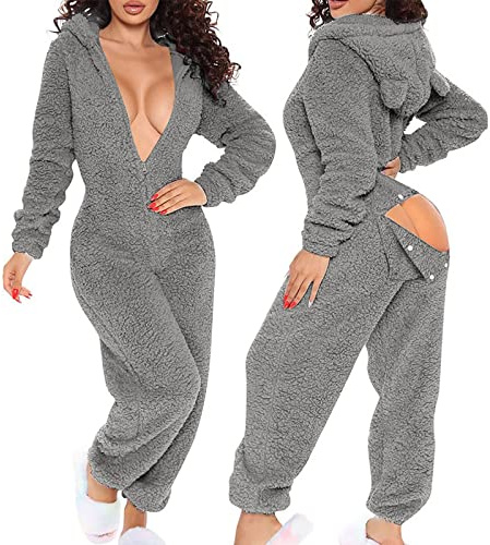 YAOJIWANG Combinaison Sexy Femme Pyjama Boutonnée à Rabat Fonctionnel Polaire Double Face Loungewear Ensemble avec Capuche et Oreilles Loungewear avec Zippée Vêtements de Maison pour Adultes