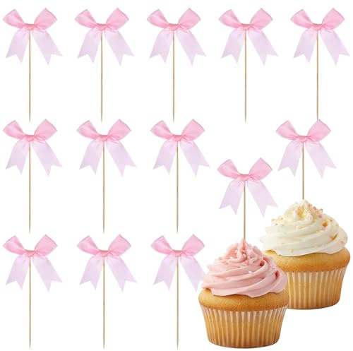 30 adornos de lazo rosa para cupcakes, lazos de cinta rosa, decoración de pasteles, cintas de lazo, púas de coqueta para baby shower, cumpleaños, boda, despedida de soltera, suministros de fiesta
