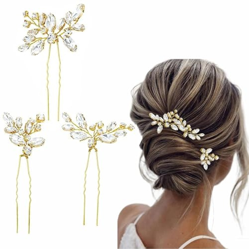 3 Pcs Wedding Hair Accessories for Women, Crystal Rhinestone Bridal Hair Pins Flower Bridesmaid Hair Accessories for Brides Bridesmaids Guest Women Girls (Gold)