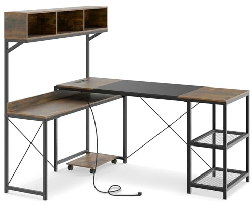GYMAX Bureau d'angle en Forme L Réversible, avec 2 Prises Électriques, 1 Port USB, 1 Type-C, Support pour CPU Mobile, Étagères Ouvertes de Rangement, pour Gaming, Travail