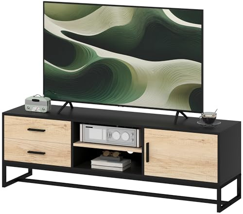 HOMCOM TV Schrank TV Board mit Schrankfach, Schubladen und 2 offenen Fächern, TV Lowboard 140 cm lang mit Kabelmanagement für Fernseher bis 60 Zoll für Wohnzimmer, 140x35x45cm Schwarz