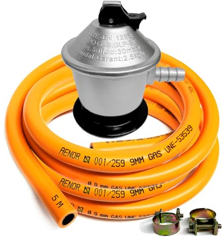 Kit Regulador Gas Butano 30 mbar Homologado + Manguera 1,5 m / 3 m / 5 m y Abrazaderas – Regulador para Bombonas de Gas en Cocinas, Camping, Hornillos, Barbacoas y Paelleros (TRIPLE XXL - 5,0 m)