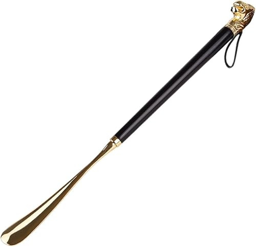 58cm Brass Shoe Horn Beech Wood Lion Head Handle Black Metal Shoe Lifter for Men and Women Dressing - Durable - Professional Use