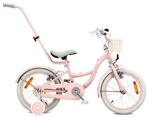 sun baby Kinderfahrrad 16 Zoll Flower Bike Retro - Mädchenfahrrad 4-6 Jahre, max. 50 kg - V-Brake-Bremsen, Stützräder, Klingel, Reflektoren, Stahlrahmen, verstellbar - Rosa