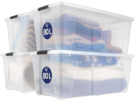 Iris Ohyama, caja grande de almacenamiento de plástico con tapa, 80L, juego de 4, transparente, clips de cierre, asa, apilable, portátil, sólido y duradero, para ropa de cama, vestidor, dormitorio, TB