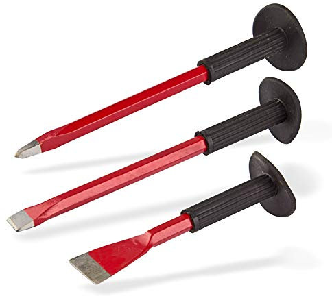 DEMA Handmeißel Set 3-tlg. – Flachmeißel, Spitzmeißel mit Handschutz – Meißelset für Stein-, Beton- und Metallbearbeitung