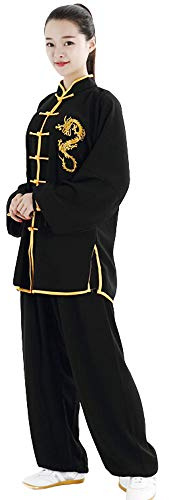 ZooBoo Unisex Cotton and Silk Dragon Embroidery Long Sleeves Tai Chi Uniform Suit Martial Arts Wing Chun Clothing (M, Black)