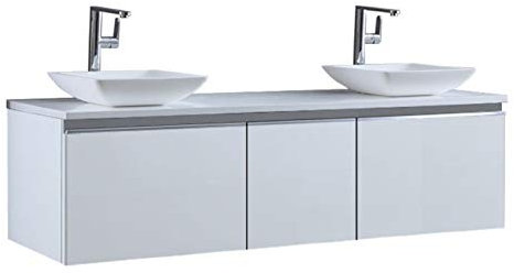 StoneArt Badmöbel Set Mineralguss Waschbecken Waschschale Aufsatzwaschbecken und Unterschrank Waschtisch Einzel- oder Doppelwaschbecken Milano ME-1600pro-2 weiß 160cm