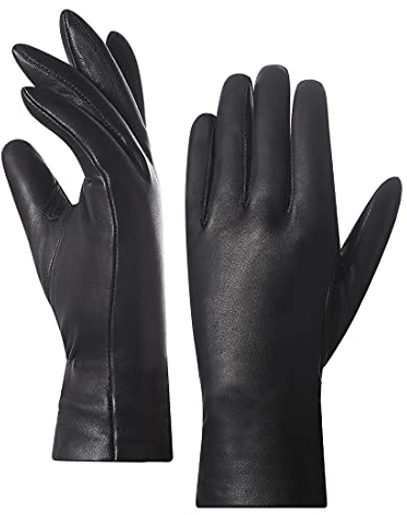 Harssidanzar Women's Leather Winter Gloves,Genuine Lambskin Leather Lined Cashmere Warm Driving Gloves For Women GL006UK,Black,Size M