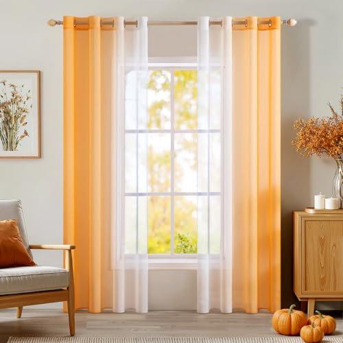 MIULEE 2er Set Voile Vorhang Zweifarbiger Vorhang mit Ösen Transparente Gardine Ösenschal Fensterschal Lichtdurchlässig für Schlafzimmer, 140x245cm, Orange