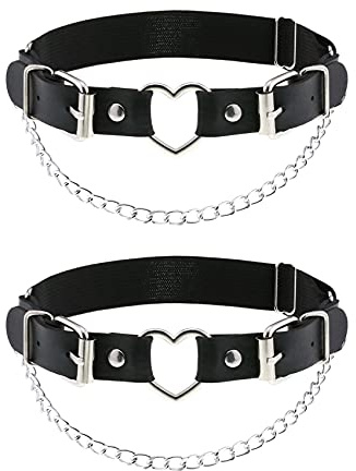 alisikee 2PCs Leather Leg Garter with Chains, Elastic Rock Heart Thigh Garter for Ladies, Black