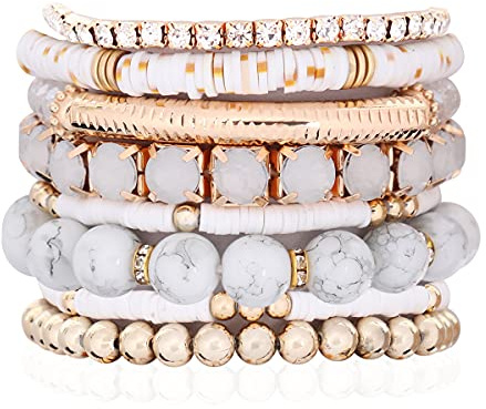 RIAH FASHION Multi Color Stretch Beaded Stackable Bracelets - Layering Bead Strand Statement Wrap Bangles (Boho Mix - White, 7.0 Inches Length)