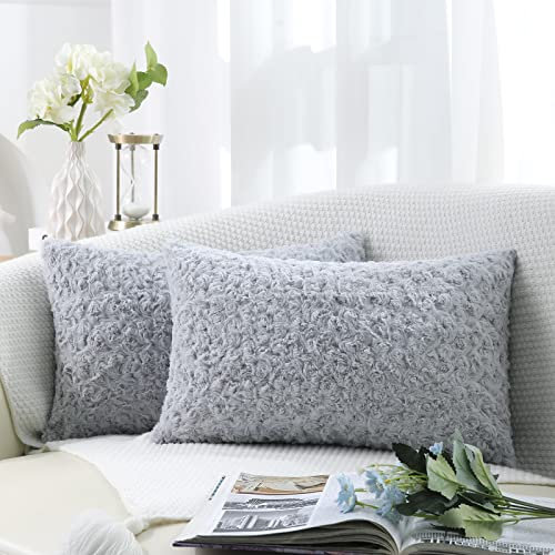 decorUhome Set of 2 Fur Cushion Covers Decorative Faux Fur Plush Fluffy Rectangle Neutral Pillow Case for Sofa, Light Grey, 12 x 20 inch/30x50cm