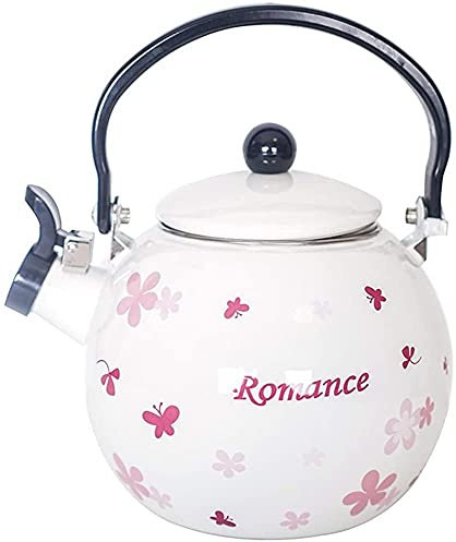 ZHANGZONG Bouilloire INOX Théière en Fonte Bouilloire sifflante Vintage émail Bouilloire cafetière 2L, Bouilloire cuisinière, Bouilloire théière, Blanc imprimé Fleur Rose. Universel pour Tous