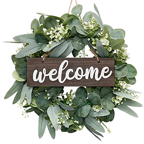 LOMOHOO Ghirlanda di foglie di eucalipto per porta d'ingresso, 45,7 cm, con cartello di benvenuto, ornamento per festival, decorazione per la casa, decorazione primaverile ed estiva per la finestra di