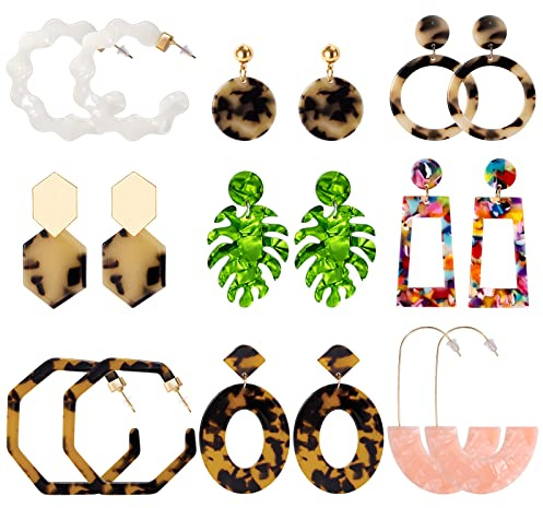 Johotone Acrylic Earrings Bohemia Resin Earrings Leaf Hoop Stud Drop Dangle Earrings for Women Girls 9 Pairs
