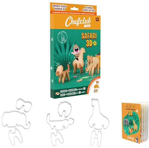 Chefclub Kids - 3D Keksausstecher Safari - 8 Formen - Backset ab 4 Jahren | 8 Metall-Ausstechformen - Löwe Giraffe Elefant 3D - Rezeptheft - Video QR-Code - Feinmotorik - Backen mit Kindern ab 4 Jahren
