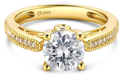 Jeulia Women's Sterling Silver Ring:Classic Round Cut Cubic Zirconia,Yellow Gold Plated Promise Engagement Solitaire Ring,Halo Diamond,Eternity Band for Wife Her With Jewellery Giftbox