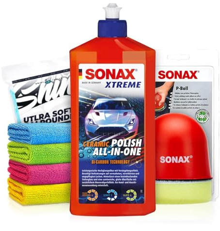 Politurset: SONAX XTREME Ceramic Polish All-in-One (500ml) Auto Politur mit Carnaubawachs + Applikator + Mikrofasertücher | mühelos zum perfekten Polierergebnis | 6-teilig