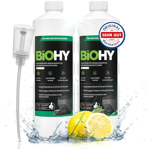 BiOHY Wischroboter Reiniger für Station mit Frischeduft (2 x 1L) + Dosierer | Bodenreiniger Wischroboter & Reinigungsmittel für Saugwischer und Saugroboter Konzentrat für Parkett, Fliesen & Hartböden
