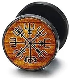 BlackAmazement Faux plug en acier inoxydable 316L Vegvisir Aegishjalmur Aegishjalmr symbole viking casque de la crainte runes cercle 10 mm noir marron homme femme, Acier inoxydable