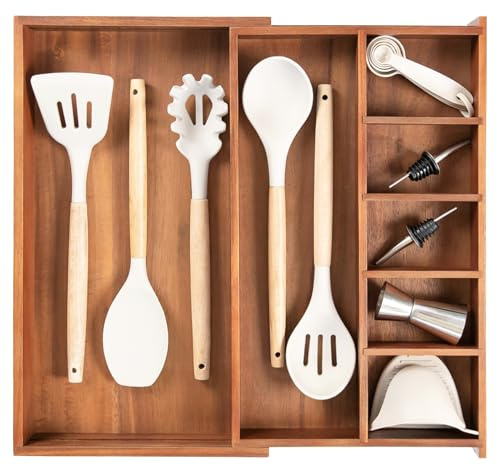 KitchenEdge Organizador de Cajón de Cocina Ajustable para Utensilios y Objetos Varios, 1 Compartimento Grande y 5 Pequeños, Separadores de Pared Ajustables, Pies Antideslizantes, Almacenamiento de