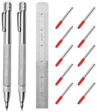 Ofasixx 2 Pack Tungsten Carbide Tip Scriber Tool with 10 Refills 1 Ruler, Metal Scribe Scriber Marking Tools with Magnet, Premium Etching Engraving Pen for Metal Sheet/Glass/Wood/Leather