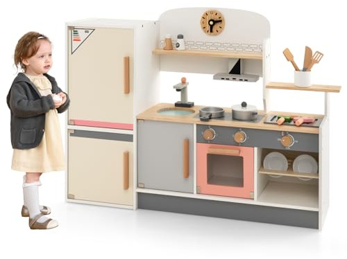 GOPLUS Cuisine Enfant en Bois, Jouet de Cuisine Réaliste avec Sons et Lumières, 16 Accessoires, Horloge, Réfrigérateur, Ustensiles de Cuisine, Rangement, Cadeaux pour Garçons et Filles 3+ Ans