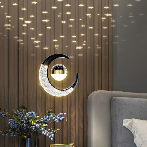 Led Pendant Lamp Chandelier Ceiling Light,Half-Moon Star Fairy Creative Bedroom Hanging Light 10W for Kids Room Living Room Home Kids Decoration Restaurant Hotel Night Light (Black (Warm White 3000K))
