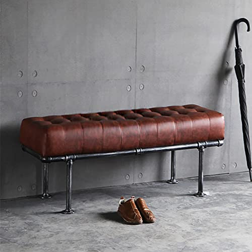 Generisch Moderne Multifunktions-Schlafzimmerbank, Esszimmerbank, Bequeme Schuhbank aus Leder, gepolsterte Ottoman-Sitzbank, industrielle Metallbank, Eingangsbank, Braun, 120 x 40 x 43 cm (4