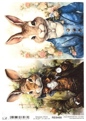 Josys Bastelmärchen Reispapier A4 Strohseide Decoupage Ostern Hase in Vintage Anzug RE6468