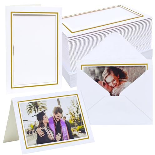 Photo Frame Cards 4x6 with Envelopes,Blank Photo Card Holder and Envelopes,Paper Picture Frame Notecards for 4x6 Photo Inserts,Graduations,Wedding(White with Gold Border, 50 Pack) ﻿