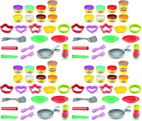 Play-Doh Kitchen Creations Flip 'n Pancakes Playset 14-Piece Breakfast Toy for Kids 3 Years and Up with 8 Non-Toxic Modelling Compound Colours (Pack of 4)