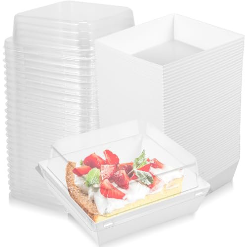 50Pcs Paper Dessert Boxes with Clear Lids 20oz Reusable Charcuterie Boxes Grease Resistant Cake Slice Containers Sealed Cupcake Storage Box for Muffins Slice Cakes Cookies Sandwiches #(White card)