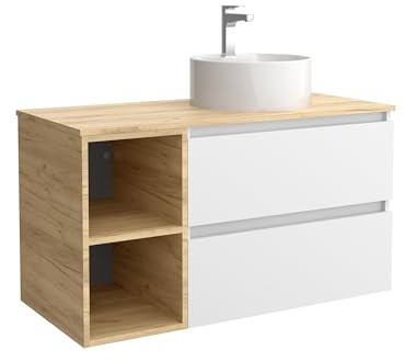 Salgar Mueble de Baño Bequia Plus 100 cm 2 cajones Blanco Mate y Coqueta 2 Huecos Roble con Lavabo sobre encimera