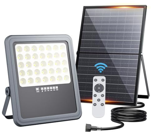 HOOLED Luces Exterior Solar batería de gran capacidad de 18,000 mAh IP66 Foco Solar Exterior 6500 K, con mando a distancia función temporizador Para patio, jardín, carretera Con cable de 2,5 m